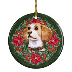 2.8 x 2.8 in. Unisex Beagle Poinsetta Wreath Ceramic Ornament