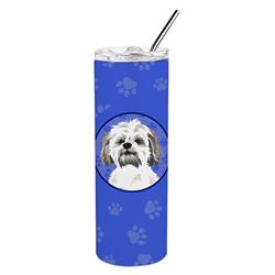Picture of Carolines Treasures WDK1214TBL20 8.25 x 3 in. Unisex Shih-Tzu Silver Gold & White No.1 Stainless Steel 20 oz Skinny Tumbler, Blue