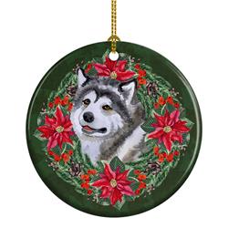 2.8 x 2.8 in. Unisex Alaskan Malamute Poinsetta Wreath Ceramic Ornament