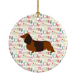 2.8 x 2.8 in. Unisex Longhaired Dachshund Merry Christmas Ceramic Ornament, Multi Color