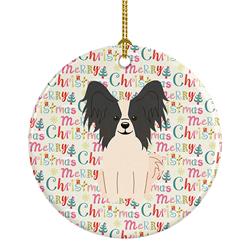 2.8 x 2.8 in. Unisex Merry Christmas Papillon Black & White Ceramic Ornament, Multi Color