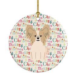 2.8 x 2.8 in. Unisex Merry Christmas Papillon Sable White Ceramic Ornament, Multi Color