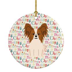2.8 x 2.8 in. Unisex Merry Christmas Papillon Red & White Ceramic Ornament, Multi Color