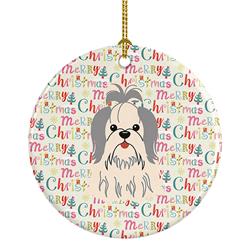 2.8 x 2.8 in. Unisex Merry Christmas Shih Tzu Silver White Ceramic Ornament, Multi Color
