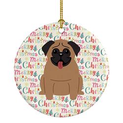 2.8 x 2.8 in. Unisex Merry Christmas Pug Brown Ceramic Ornament, Multi Color