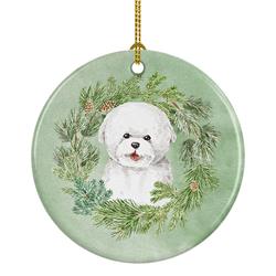2.8 x 2.8 in. Unisex Bichon Frise Smiling Christmas Wreath Ceramic Ornament