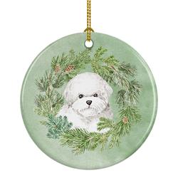2.8 x 2.8 in. Unisex Bichon Frise Christmas Wreath Ceramic Ornament