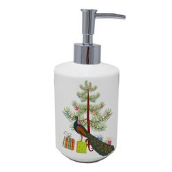 Indian Peacock Christmas Ceramic Soap Dispenser - Teal - 7 x 3.5 in. - Refillable