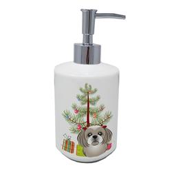 7 x 3.5 in. Unisex Christmas Tree & Gray Silver Shih Tzu Ceramic Soap Dispenser