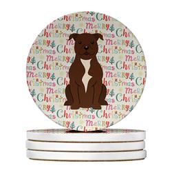 WDK1591RCS4 4 x 4 in. Unisex Merry Christmas Staffordshire Bull Terrier Chocolate Large Sandstone Coasters, Multi Color - Pack of 4
