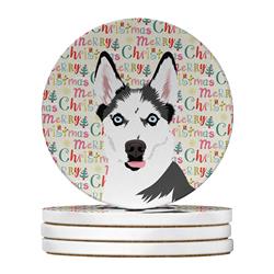 WDK2179RCS4 4 x 4 in. Unisex Siberian Husky Puppy Christmas Large Sandstone Coasters - Pack of 4