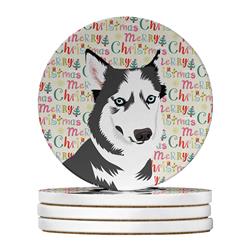 WDK2181RCS4 4 x 4 in. Unisex Siberian Husky Silver & White No.2 Christmas Large Sandstone Coasters - Pack of 4
