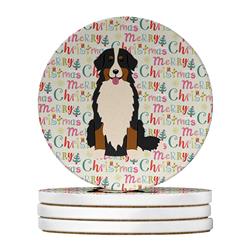WDK1579RCS4 4 x 4 in. Unisex Merry Christmas Bernese Mountain Dog Large Sandstone Coasters, Multi Color - Pack of 4