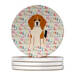 WDK1583RCS4 4 x 4 in. Unisex Merry Christmas Beagle Tricolor Large Sandstone Coasters, Multi Color - Pack of 4