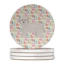 WDK1708RCS4 4 x 4 in. Unisex Cyprus Poodle Merry Christmas Large Sandstone Coasters - Pack of 4