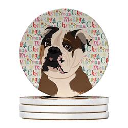 WDK2147RCS4 4 x 4 in. Unisex English Bulldog Chocolate Tan Christmas Large Sandstone Coasters - Pack of 4