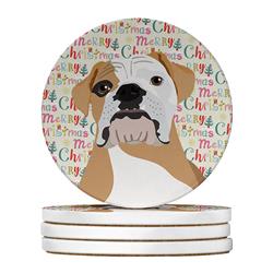 WDK2148RCS4 4 x 4 in. Unisex English Bulldog Fawn & White Christmas Large Sandstone Coasters - Pack of 4