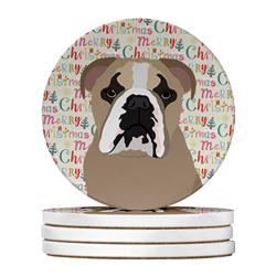 WDK2149RCS4 4 x 4 in. Unisex English Bulldog Lilac Tricolor Christmas Large Sandstone Coasters - Pack of 4