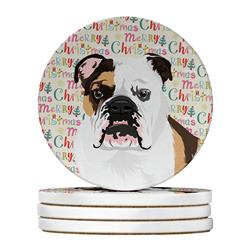 WDK2152RCS4 4 x 4 in. Unisex English Bulldog Tricolor No.3 Christmas Large Sandstone Coasters - Pack of 4