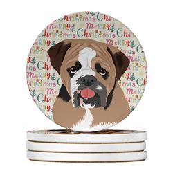 WDK2153RCS4 4 x 4 in. Unisex English Bulldog Tricolor No.4 Christmas Large Sandstone Coasters - Pack of 4