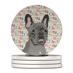 WDK2154RCS4 4 x 4 in. Unisex French Bulldog Blue Christmas Large Sandstone Coasters - Pack of 4