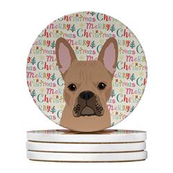 WDK2158RCS4 4 x 4 in. Unisex French Bulldog Cream Christmas Large Sandstone Coasters - Pack of 4