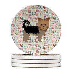 4 x 4 in. Unisex Yorkshire Terrier Merry Christmas Large Sandstone Coasters - Pack of 4