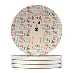 4 x 4 in. Unisex Merry Christmas Bull Terrier White Large Sandstone Coasters, Multi Color - Pack of 4