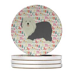 WDK1968RCS4 4 x 4 in. Unisex Old English Sheepdog Merry Christmas Large Sandstone Coasters, Multi Color - Pack of 4
