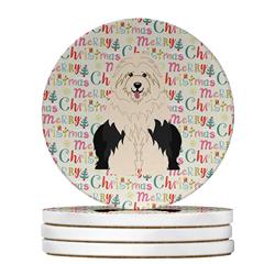 WDK1639RCS4 4 x 4 in. Unisex Merry Christmas Old English Sheepdog Large Sandstone Coasters, Multi Color - Pack of 4