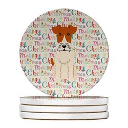 4 x 4 in. Unisex Merry Christmas Wire Fox Terrier Large Sandstone Coasters, Multi Color - Pack of 4