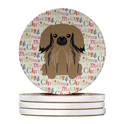 4 x 4 in. Unisex Merry Christmas Pekingese Tan Large Sandstone Coasters, Multi Color - Pack of 4