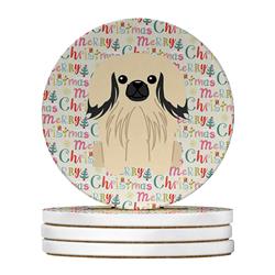 4 x 4 in. Unisex Merry Christmas Pekingese Cream Large Sandstone Coasters, Multi Color - Pack of 4