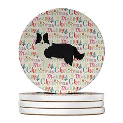 4 x 4 in. Unisex Border Collie Merry Christmas Large Sandstone Coasters, Multi Color - Pack of 4