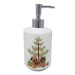 7 x 3.5 in. Unisex Tibetan Spaniel Christmas Tree Ceramic Soap Dispenser