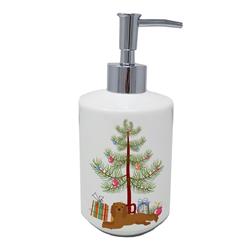 7 x 3.5 in. Unisex Ruby Cavalier King Charles Spaniel Christmas Tree Ceramic Soap Dispenser