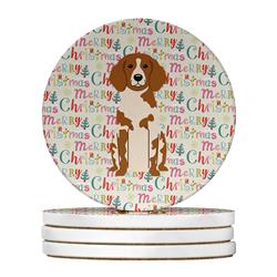 4 x 4 in. Unisex Merry Christmas Brittany Spaniel Large Sandstone Coasters, Multi Color - Pack of 4