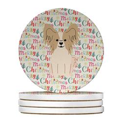 4 x 4 in. Unisex Merry Christmas Papillon Sable White Large Sandstone Coasters, Multi Color - Pack of 4