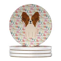 4 x 4 in. Unisex Merry Christmas Papillon Red & White Large Sandstone Coasters, Multi Color - Pack of 4