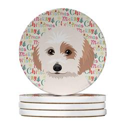 WDK2283RCS4 4 x 4 in. Unisex Shih-Tzu White & Red Christmas Large Sandstone Coasters - Pack of 4