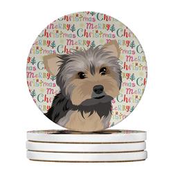 WDK2288RCS4 4 x 4 in. Unisex Yorkie Blue & Tan No.2 Christmas Large Sandstone Coasters - Pack of 4