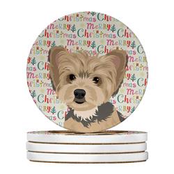 WDK2289RCS4 4 x 4 in. Unisex Yorkie Blue & Tan Puppy Christmas Large Sandstone Coasters - Pack of 4