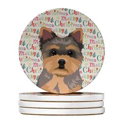 WDK2292RCS4 4 x 4 in. Unisex Yorkie Chocolate Puppy Christmas Large Sandstone Coasters - Pack of 4