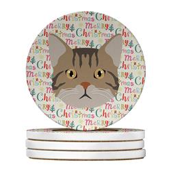 WDK2300RCS4 4 x 4 in. Unisex American Wirehair Cat Christmas Large Sandstone Coasters - Pack of 4