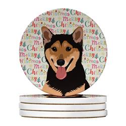 WDK2261RCS4 4 x 4 in. Unisex Shiba Inu Black & Tan Christmas Large Sandstone Coasters - Pack of 4