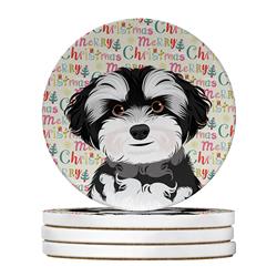 WDK2267RCS4 4 x 4 in. Unisex Shih-Tzu Black & White No.2 Christmas Large Sandstone Coasters - Pack of 4
