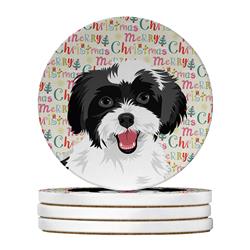WDK2268RCS4 4 x 4 in. Unisex Shih-Tzu Black & White No.3 Christmas Large Sandstone Coasters - Pack of 4