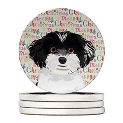WDK2269RCS4 4 x 4 in. Unisex Shih-Tzu Black & White No.4 Christmas Large Sandstone Coasters - Pack of 4