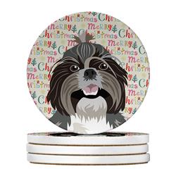 WDK2280RCS4 4 x 4 in. Unisex Shih-Tzu Silver & White No.2 Christmas Large Sandstone Coasters - Pack of 4