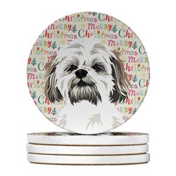 WDK2281RCS4 4 x 4 in. Unisex Shih-Tzu Silver Gold & White No.1 Christmas Large Sandstone Coasters - Pack of 4
